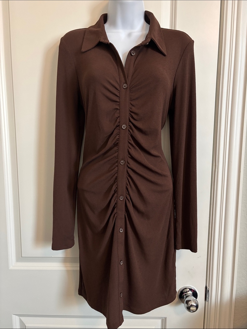 Divided Classic Brown Ruched Button-Front Dress - Women M